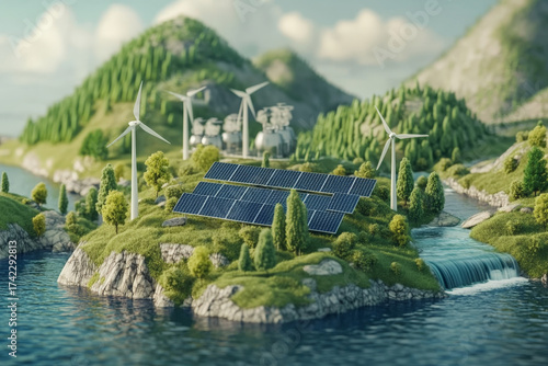 Image of an earth with solar panels, wind turbines and trees on it. Green energy concept