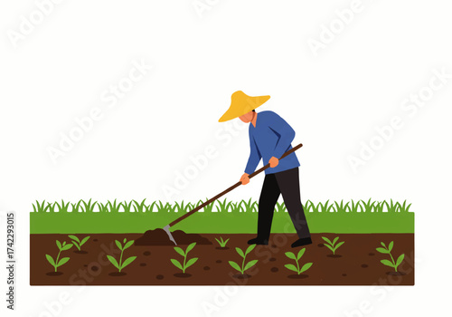 A farmer wearing a hat is working in a field, tending to young plants with a hoe.