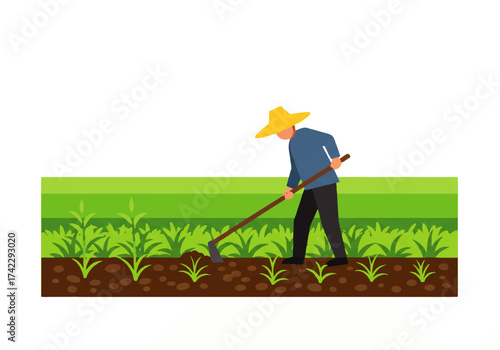 Farmer wearing a straw hat works the field with a hoe, tending to young plants in a rural landscape.