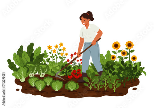 A woman is gardening in her vegetable patch, tending to plants with a rake, surrounded by leafy greens, cabbages, sunflowers, and other flowers.