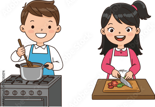 Children cooking together, cartoon boy stirring pot, girl slicing vegetables, smiling kids, kitchen teamwork, healthy food prep, culinary skills, chef scene