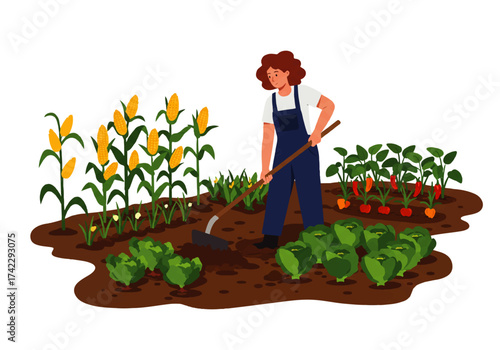 A woman in overalls is gardening, tending to corn, lettuce, and peppers in a vegetable patch, using a hoe to cultivate the soil.