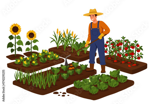 A farmer wearing a hat and overalls tends to his vegetable garden with sunflowers, tomatoes, lettuce, and other crops.