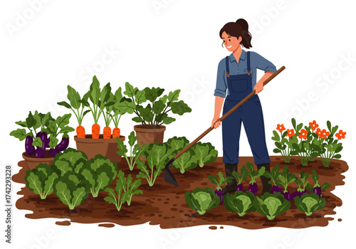 A woman in overalls tending a vegetable garden with various plants, including lettuce, carrots, and eggplants, using a hoe.