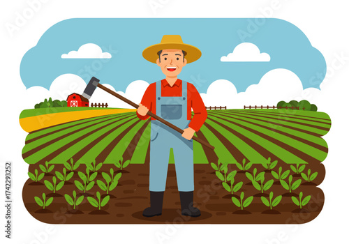 A smiling farmer in overalls and a straw hat stands in a field, holding a hoe, with crops and a red barn in the background.