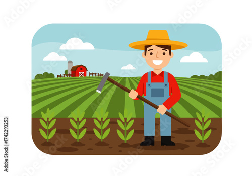 Smiling farmer in overalls and straw hat holds a hoe in a field with crops, a red barn, and blue sky.