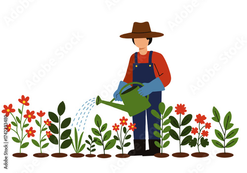 Illustration of a gardener watering a row of red flowers with a green watering can, wearing overalls and a hat.