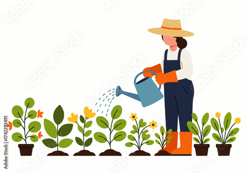 Woman wearing a hat and overalls watering plants in a garden with a blue watering can.