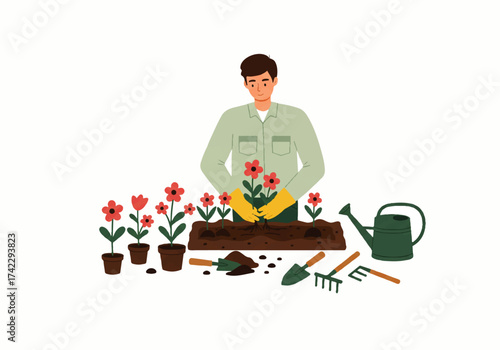 A man wearing gloves is planting red flowers in a garden bed, surrounded by potted plants and gardening tools.