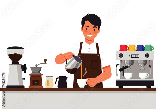 A smiling barista in an apron pours coffee from a metal pitcher into a white cup, with coffee equipment visible.