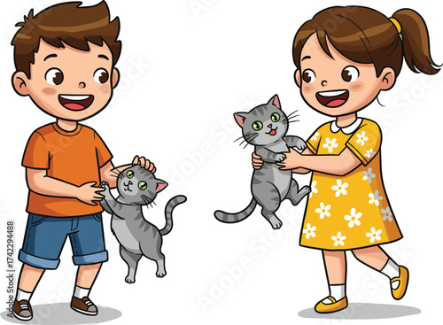 Children holding gray cats, cartoon boy and girl, smiling kids, pet care, striped fur, green eyes, cheerful scene, feline bonding