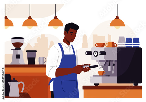 A young, dark-skinned barista in a blue apron prepares an espresso using a professional machine in a modern coffee shop setting.