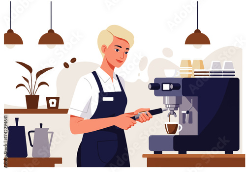 A female barista with short blonde hair prepares coffee using an espresso machine in a cafe setting.