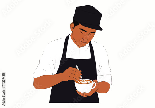 Barista wearing an apron and hat carefully stirs a cup of coffee, creating latte art with a spoon.
