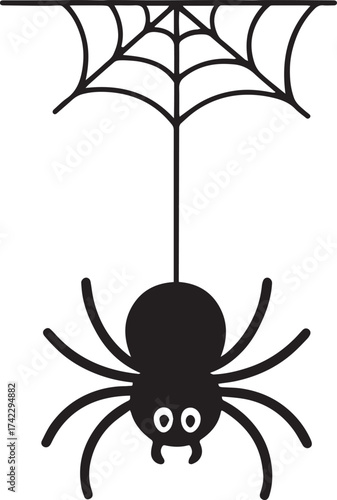 A cartoon spider, gracefully suspended from a meticulously woven web, against a vibrant, solid background. The playful yet intricate design showcases the beauty of the natural world.