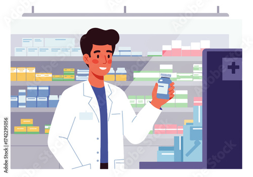 A smiling pharmacist in a white coat holds a bottle of medication in a pharmacy setting with shelves stocked with various products.