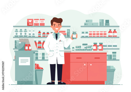 A smiling pharmacist in a white coat holds a medicine bottle in a pharmacy setting with shelves stocked with medications.