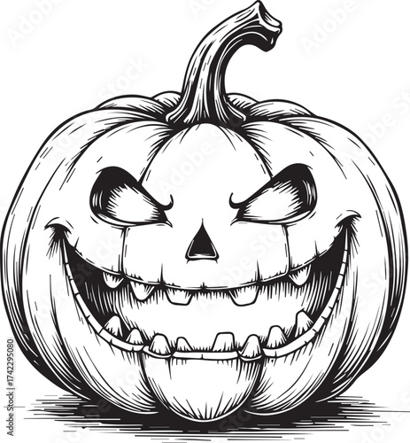 A detailed black and white illustration of a grinning pumpkin, a classic symbol of the Halloween spirit.