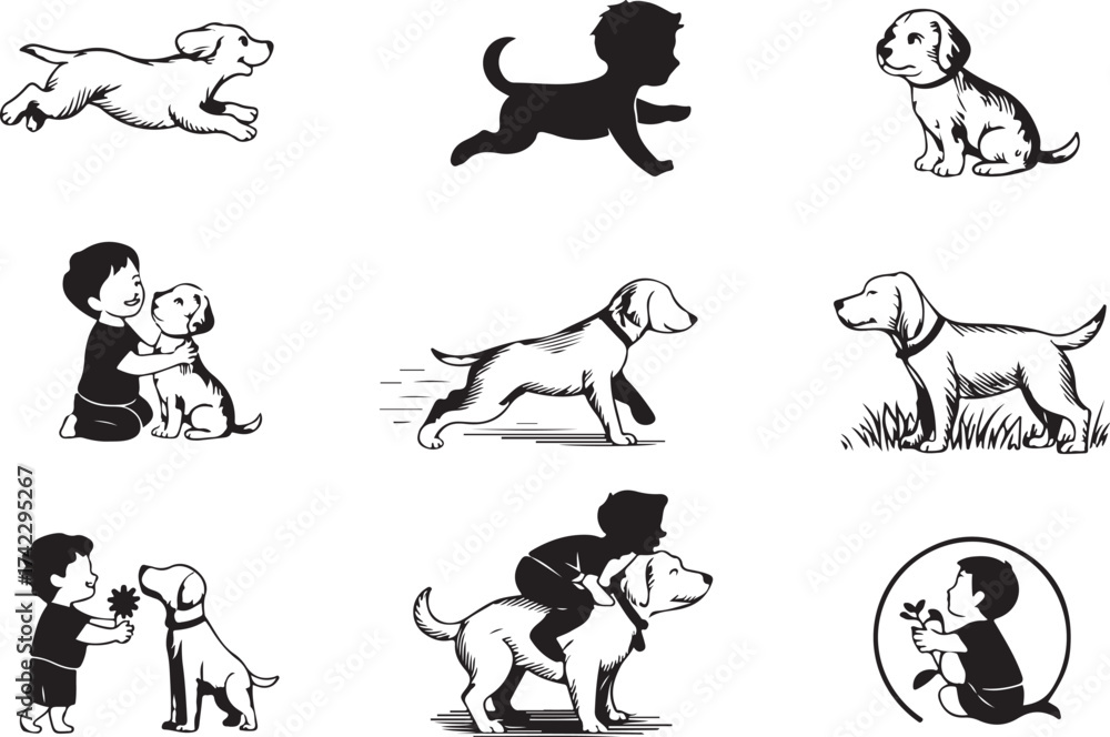 Obraz premium Engraving Child and Dog sketch hand drawn line art Silhouettes vector art illustration set