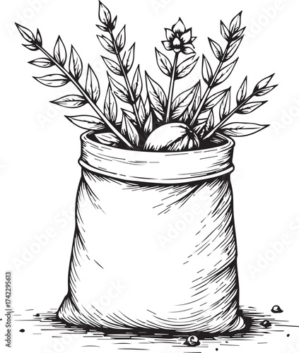 An artistic representation of an overflowing sack of botanical delights, adorned with lush foliage and delicate blooms, illustrated in stunning detail. 