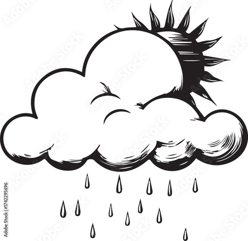 A simple, hand-drawn illustration depicts the weather elements with a cheerful style. Show the rain, the sun, and the cloud, bring about the simple happiness.