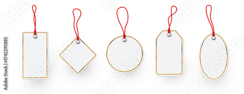 Various blank price tags with golden borders and red strings. Use for sales, promotions, discounts, and product branding. Vector illustration.