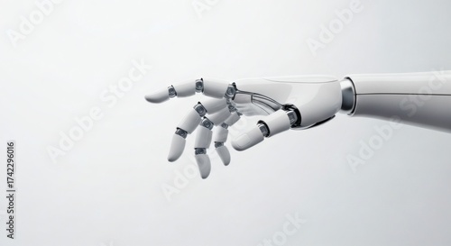 Close up of a robot hand reaching out isolated on white background, artificial intelligence concept
