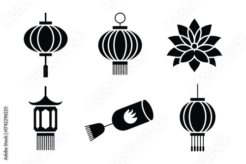 Festive lantern silhouette icon set featuring chinese japanese paper lotus candle and sky lantern illustrations