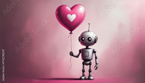 A friendly robot stands in a colorful space, holding a pink heart-shaped balloon with a white heart design. The scene exudes warmth and charm, perfect for expressing joy.
