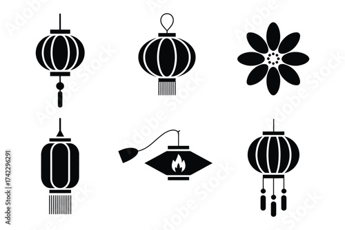 Festive lantern icons set vector illustration including chinese japanese paper lotus candle and traditional sky lantern designs