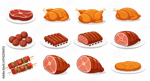 Twelve food illustrations depict various meats steak roasts ribs sausages meatballs shish kebabs fried chicken