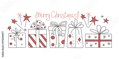 Linear icons of gift boxes. Handwritten Merry Christmas lettering. Gift box set. Hand-drawn gifts. Holiday packaging, Boxing Day. Drawings, doodles.