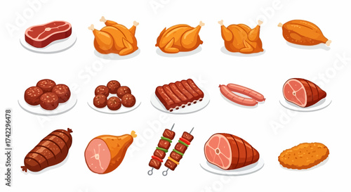 Twelve food illustrations depict various meats steak roasts ribs sausages meatballs shish kebabs fried chicken