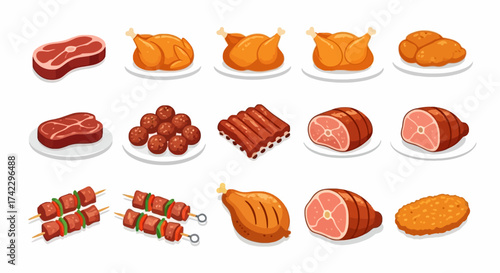 Twelve food illustrations depict various meats steak roasts ribs sausages meatballs shish kebabs fried chicken