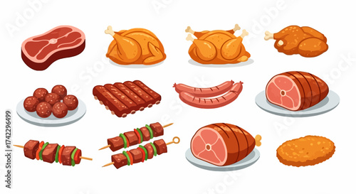 Twelve food illustrations depict various meats steak roasts ribs sausages meatballs shish kebabs fried chicken
