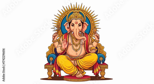 Ganesha sits crosslegged on a throne holding tools against a gold nimbus