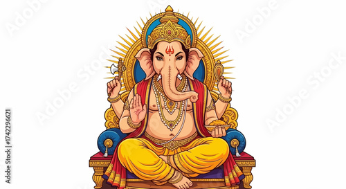 Ganesha sits crosslegged on a throne holding tools against a gold nimbus