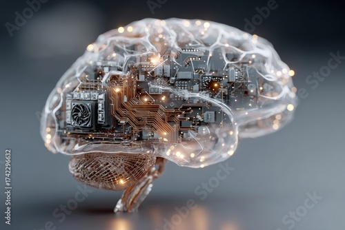 Circuitry of the mind: decoding the complexities of brain-tech fusion. Internet connection illustration. Subtle shifts in color highlight a brain integrated with futuristic circuits.