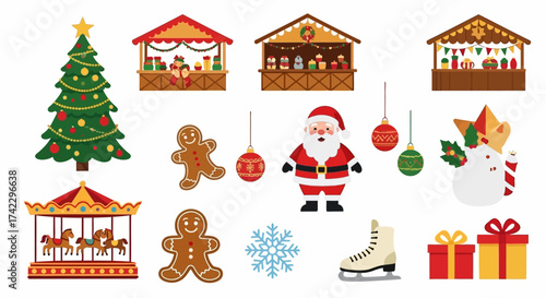 Christmasthemed vector illustration with tree stalls gingerbread Santa ornaments carousel snowflake skate and gift