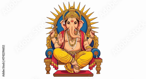 Ganesha sits crosslegged on a throne holding tools against a gold nimbus