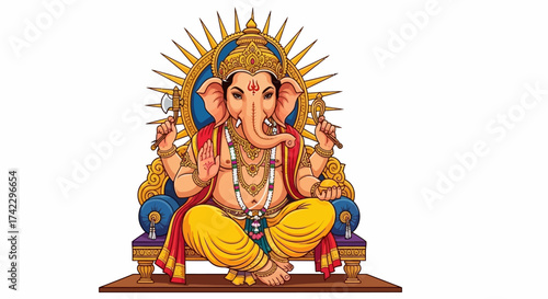 Ganesha sits crosslegged on a throne holding tools against a gold nimbus
