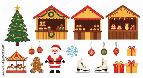 Christmasthemed vector illustration with tree stalls gingerbread Santa ornaments carousel snowflake skate and gift