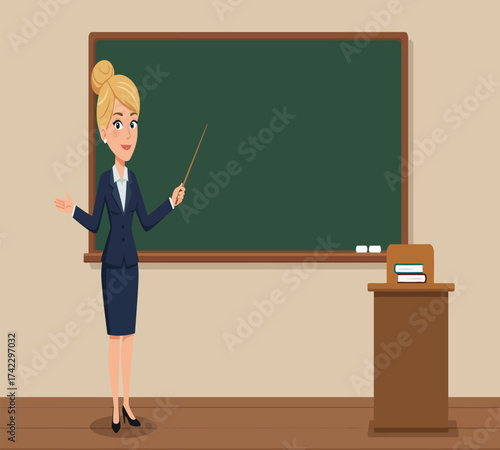 A cartoon illustration of a teacher standing in front of a chalkboard, pointing with a stick, in a classroom setting isolated on white background
