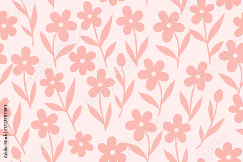 Soft pink floral seamless pattern featuring minimalist daisy shapes and leaves on a pastel background. Perfect for feminine wallpaper, fabric, and decor.