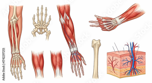 Anatomical illustrations depict bones muscles and vascular systems of the human hand and forearm