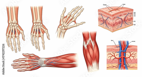 Anatomical illustrations depict bones muscles and vascular systems of the human hand and forearm
