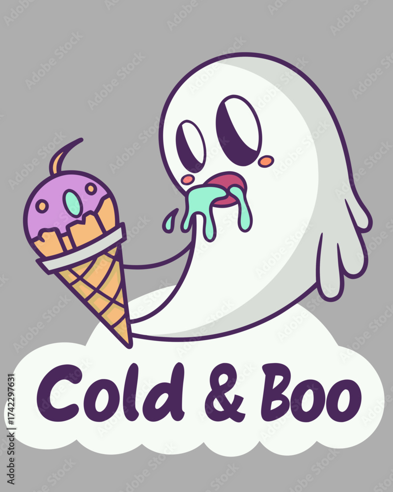 Obraz premium T-shirt Ghost Eating Ice Cream Cone Cold Boo Cute Cartoon