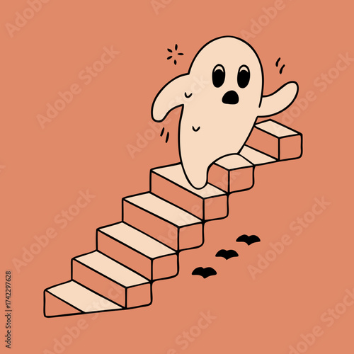 T-shirt Ghost Falling Down Stairs Oops Boo Fun Cartoon Vector