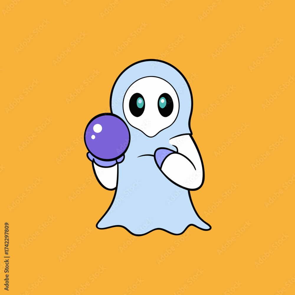 Obraz premium T-shirt Ghost Holding Glowing Crystal Ball Magical Cartoon Vector