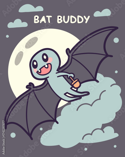 T-shirt Ghost Riding Bat Bat Buddy Fun Cartoon Illustration